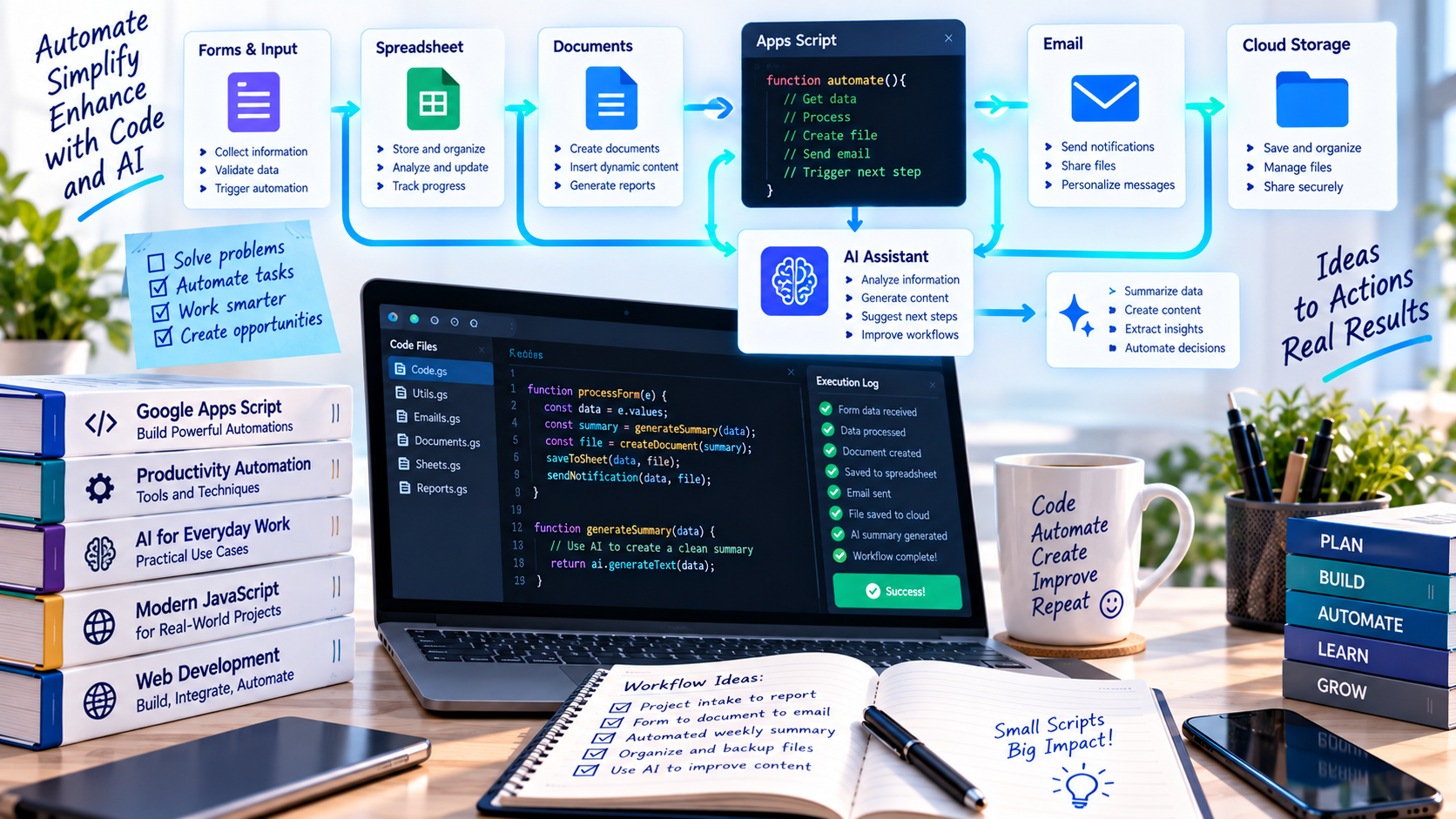Google Workspace and Gemini automation concepts presented as a technical learning scene