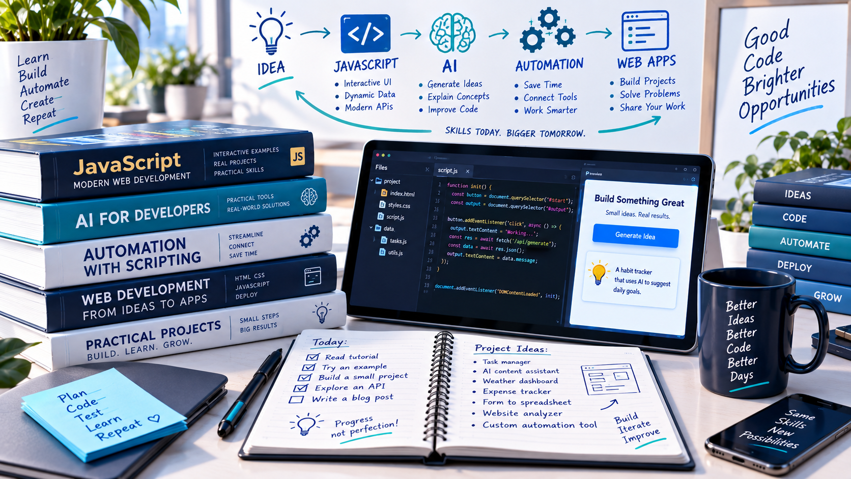 Modern technical books and digital learning workspace