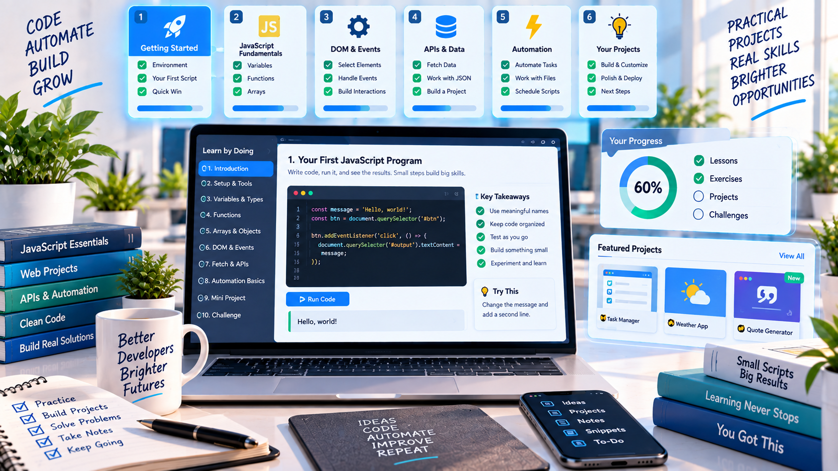 Online coding course dashboard with JavaScript and automation lessons