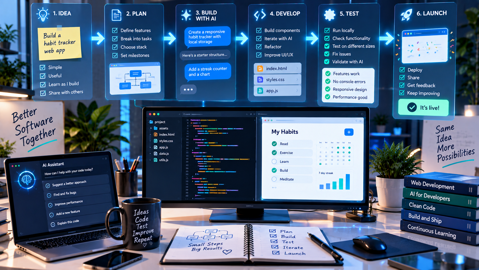AI-assisted coding workspace with a project plan and tested web application